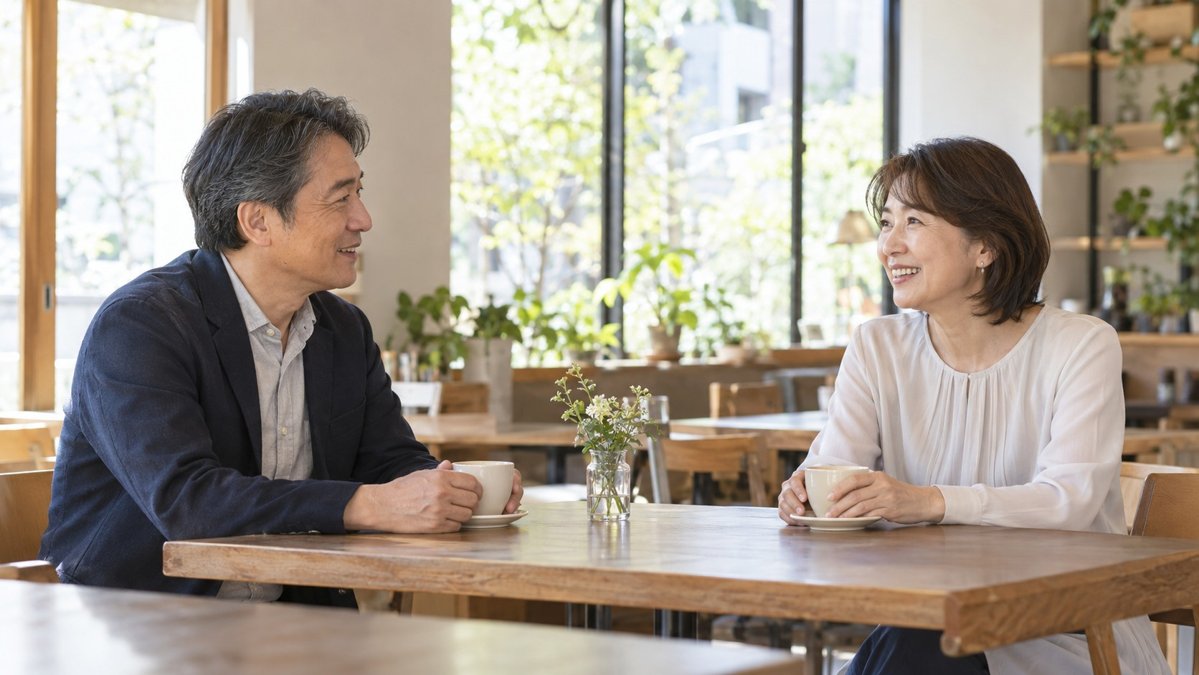 平日の明るいカフェでお茶を飲みながら会話する50代の男女のイメージ
