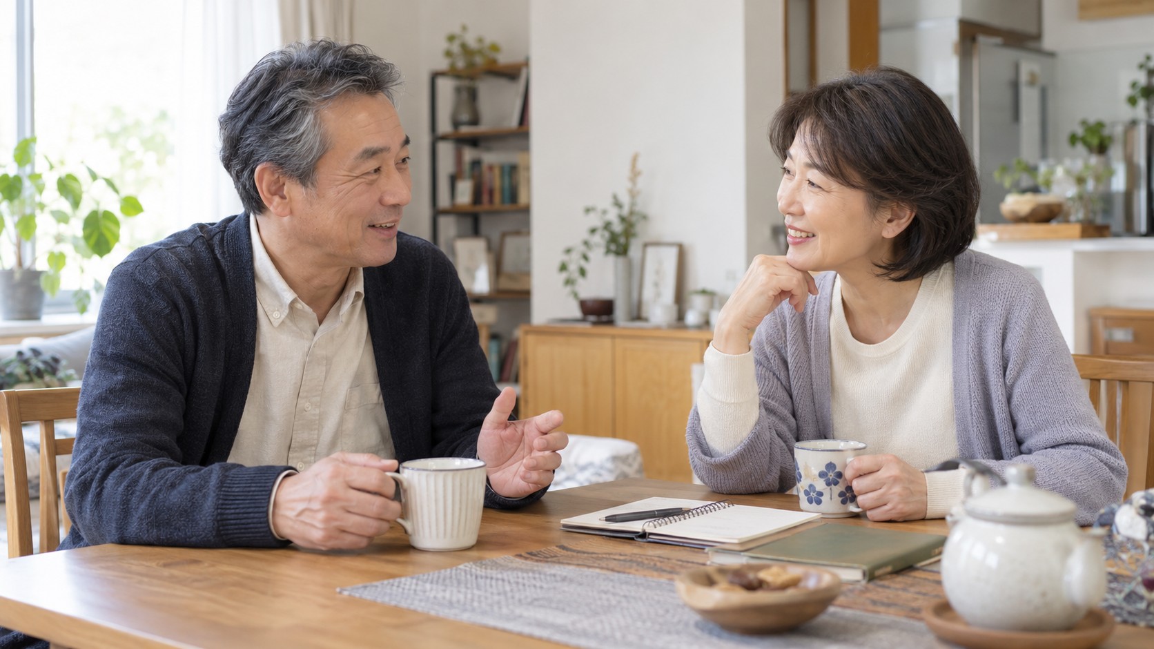 お茶を飲みながら日々の暮らしについて話す大人世代の男女のイメージ